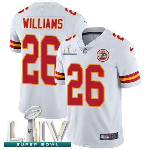 Kansas City Chiefs Nike #26 Damien Williams White Super Bowl LIV 2020 Youth Stitched NFL Vapor Untouchable Limited Jersey
